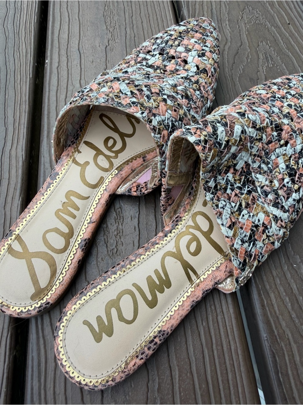 Sam Edelman Multicolor Tweed Pointed-Toe Slip-On Mules in Pink, Black & Cream